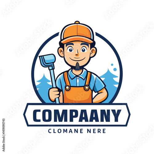 Friendly company logo featuring a worker with a tool