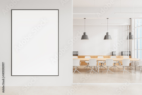 Blank poster mockup on white wall in modern office interior with glass meeting room and minimalist furniture in bright clean layout concept. 3D Rendering