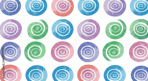 Colorful repeating pattern featuring playful hand-painted watercolor spiral shapes