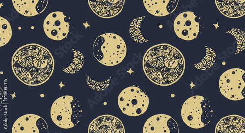 Seamless pattern background featuring hand drawn decorative moons and stars illustration on dark sky backdrop