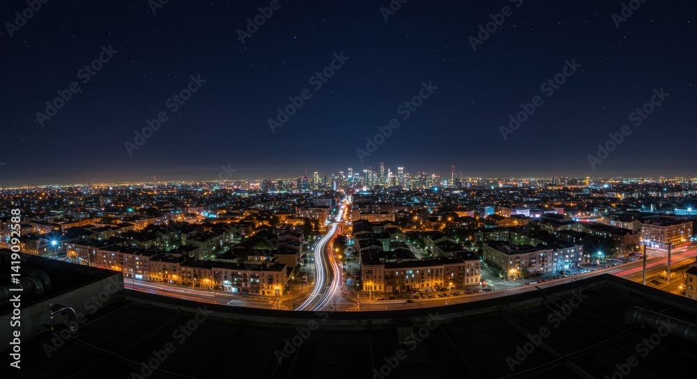 Naklejka premium Night Cityscape with Starry Sky