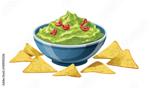 Bowl of Nachos with Guacamole - Vector Illustration
