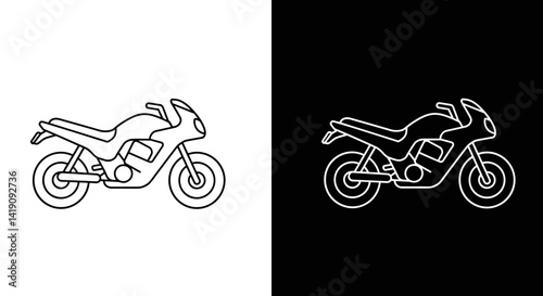 Set of two sport motorcycle outline icons black on white and white on black contrast versions illustration