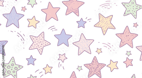 Seamless pattern background featuring colorful hand drawn doodle stars illustration scattered on white backdrop