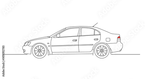 Simple black line art illustration of a four door sedan car side profile drawing on white background