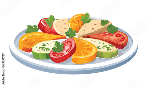 Fresh Salad with Tomato and Cheese Plater - Vector Illustration