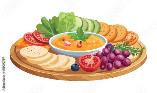 Fresh Vegetables and Fruits Antipasto Platter - Vector Illustration