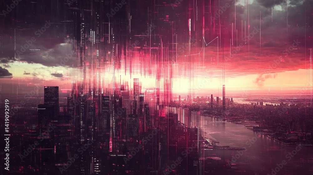 Fototapeta premium Digital cityscape at sunset, overlayed with vibrant lines.