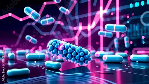 Capsules and pills floating in medical data scene with neon glowing graphs