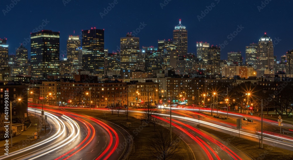 Fototapeta premium Night Cityscape with Traffic Light Trails