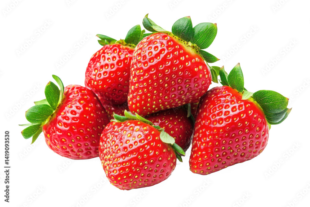 A pile of fresh strawberries with green leaves on a solid color surface A pile of fresh strawberries with green leaves on a solid color surface