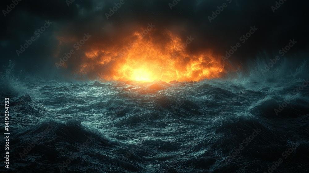 Naklejka premium Stormy Sea with Fiery Horizon