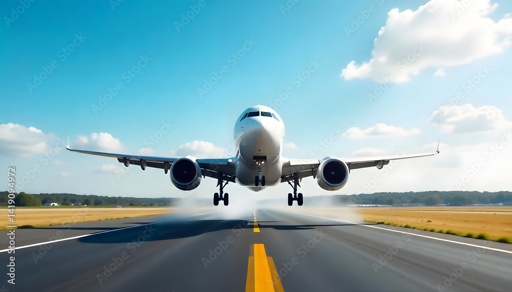 Airliner gracefully touching down on the runway, showcasing the beauty of flight. Airliner gracefully touching down on the runway, showcasing the beauty of flight.