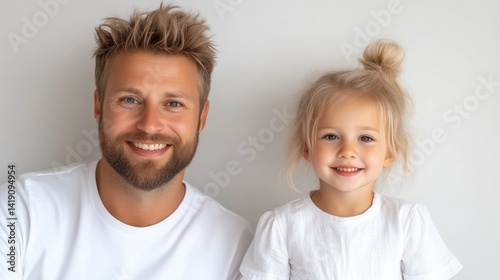 Father and daughter in white shirts, simple candid style, natural soft lighting, portrait close-up view, happy family image, neutral background, warm gentle tones, ideal for family portrait websites.