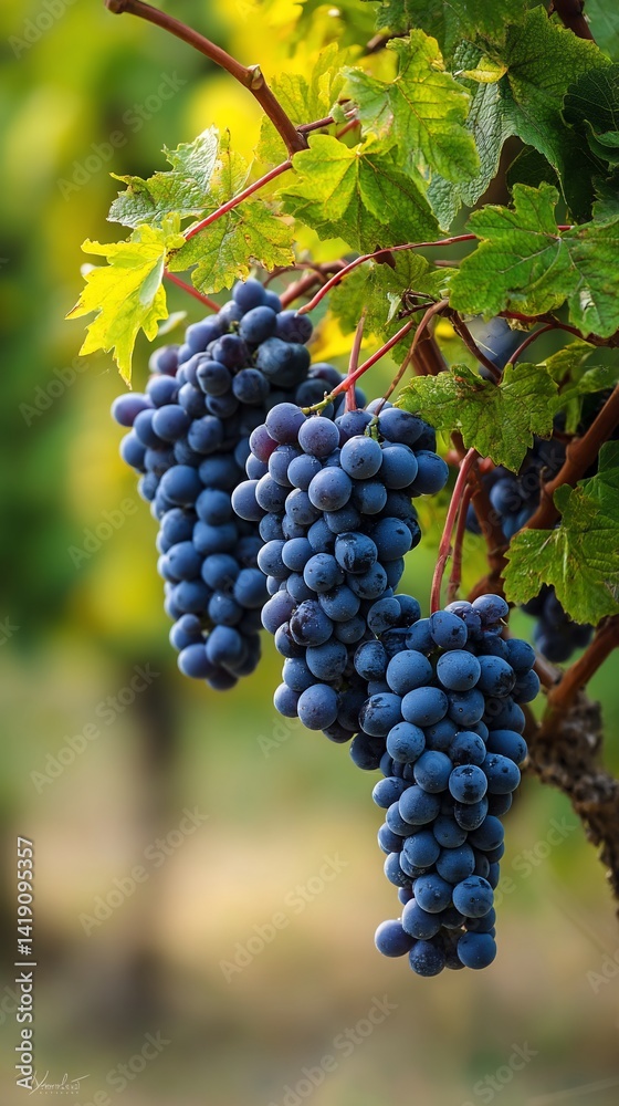 Clusters of plump, dark purple grapes hanging from vine Clusters of plump, dark purple grapes hanging from vine