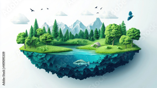 Fototapeta Naklejka Na Ścianę i Meble -  Floating island with lake and beautiful landscape. 3d illustration of flying land green forest with trees, mountains, animals, water isolated with clouds.