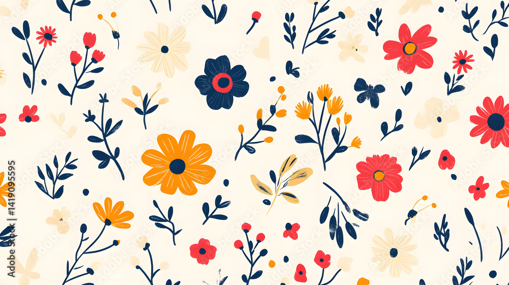 Fototapeta premium A vibrant floral pattern featuring colorful flowers and leaves in red, yellow, and navy against a soft cream background.