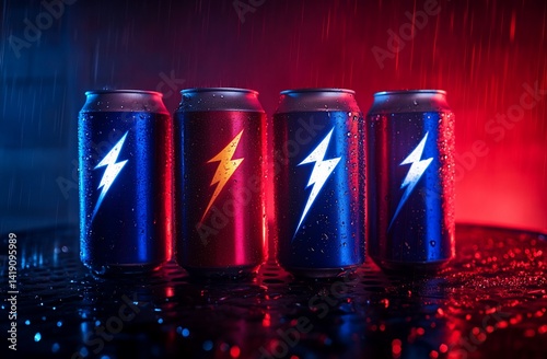 Four energy drink cans, rain, neon, night, advertising
