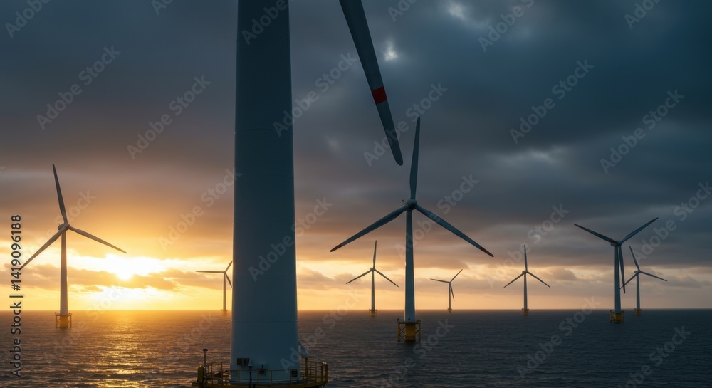 Fototapeta premium Offshore Wind Turbines at Sunset