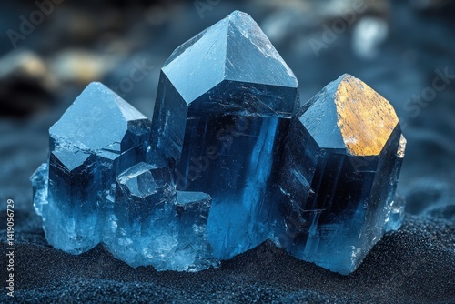 Close-up of rare earth and metal mineral crystals on black sand with sharp texture and dramatic lighting