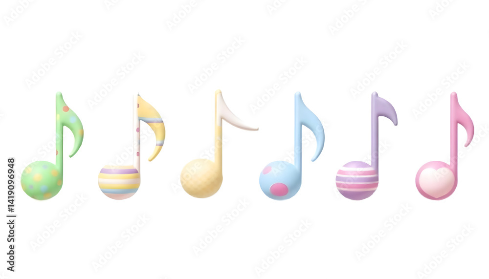 A collection of colorful musical notes in a row with diverse patterns and designs on white. A collection of colorful musical notes in a row with diverse patterns and designs on white.