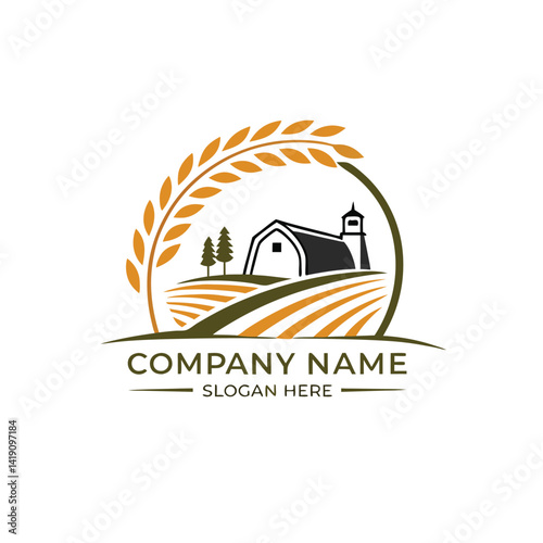 Farm logo featuring wheat, barn, and fields