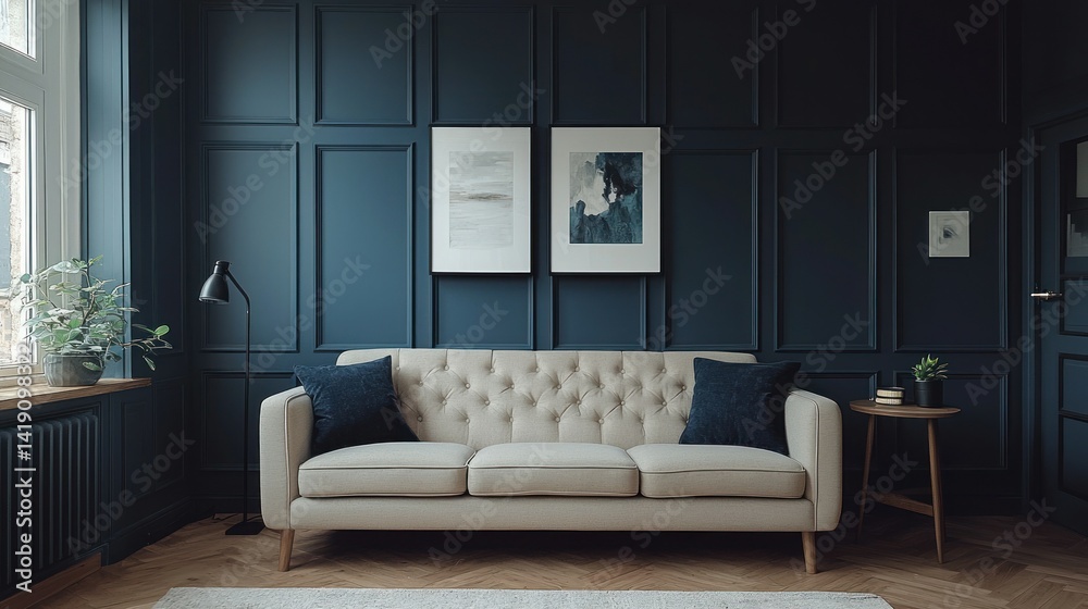 Stylish living room with dark blue accent walls