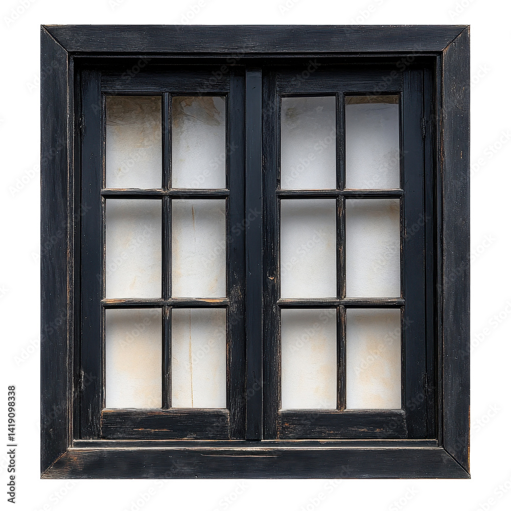Fototapeta premium Vintage black wooden house window frame isolated with a classic design and detailed craftsmanship, black vintage wooden house window frame isolated on White background