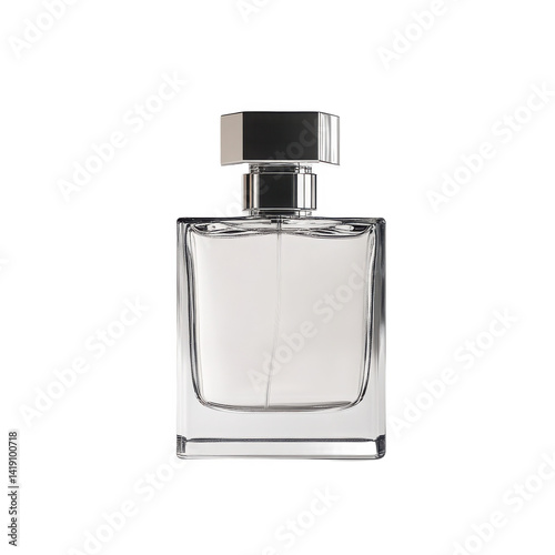 Close up view of a perfume bottle with a silver cap on a dark backdrop