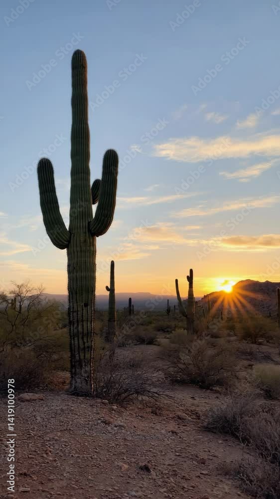 Saguaro cactus silhouettes in desert landscape at sunset, nature, arid, sunshine Saguaro cactus silhouettes in desert landscape at sunset, nature, arid, sunshine
