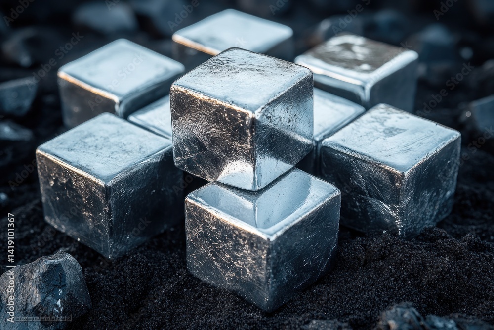 Macro shot of shiny silver and platinum cubes scattered on coarse black sand with dramatic lighting and shallow depth of field Macro shot of shiny silver and platinum cubes scattered on coarse black sand with dramatic lighting and shallow depth of field