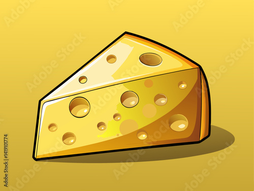 A professional vector of a wedge of Swiss cheese with realistic details and shading, placed on a solid soft yellow background