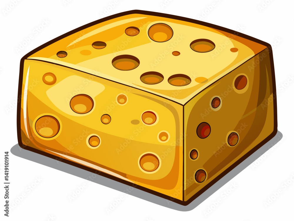 A high-quality vector illustration of a yellow cheese block with holes and a smooth texture, isolated on a white background A high-quality vector illustration of a yellow cheese block with holes and a smooth texture, isolated on a white background