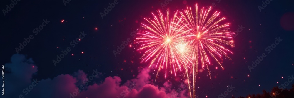 Fototapeta premium Vibrant colorful explosion of fireworks in mid air, colorful, neon