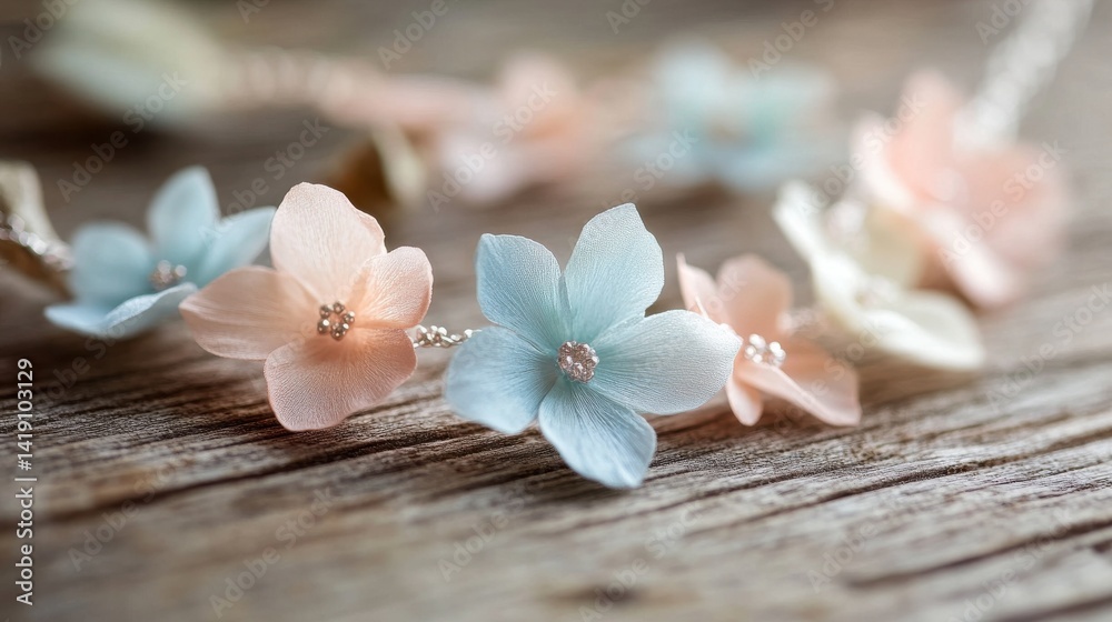 A delicate flower necklace resting on a wooden surface, with a variety of pastel-colored petals creating a soft, romantic look. A delicate flower necklace resting on a wooden surface, with a variety of pastel-colored petals creating a soft, romantic look.