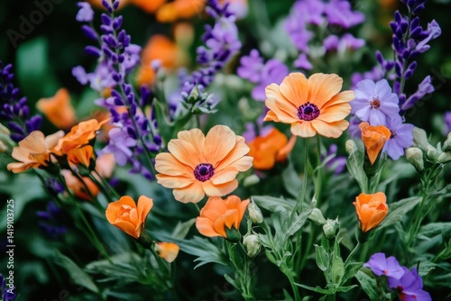 Vibrant orange and purple flowers blooming gracefully in a picturesque garden setting showcasing nature's splendor and vivid colors