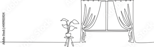 continuous one line drawing of window with curtains and table with home plant. Concept of living room interior with draped cloth in simple linear style. Vector Illustration.