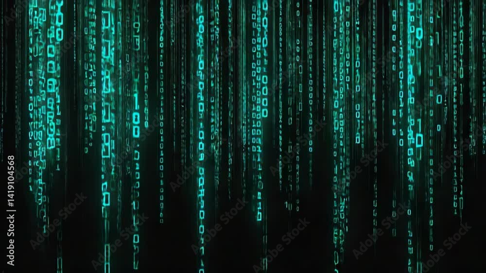 Animated binary code streams down dark background, creating digital data matrix and technology network visual effect.
