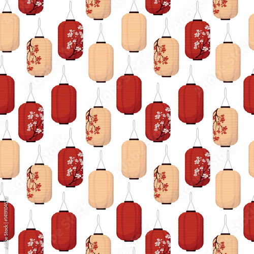 Japanese lanterns pattern. Seamless texture. Vector. Culture. Asian. Fabric. Textile. Wrapping. Red and beige objects on a white. Holiday. Symbol. Traditional.