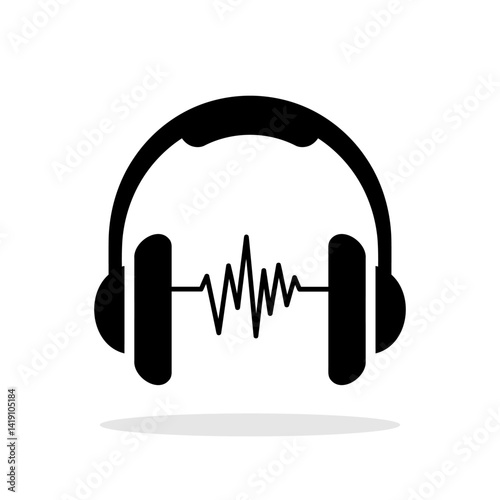 Headphones icon. Black headphones with heartbeat icon. Vector illustration.