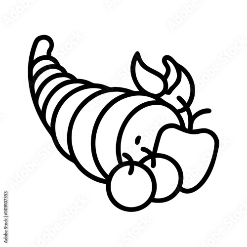 Outline drawing of cornucopia with fruits for thanksgiving day celebration and harvest season icon