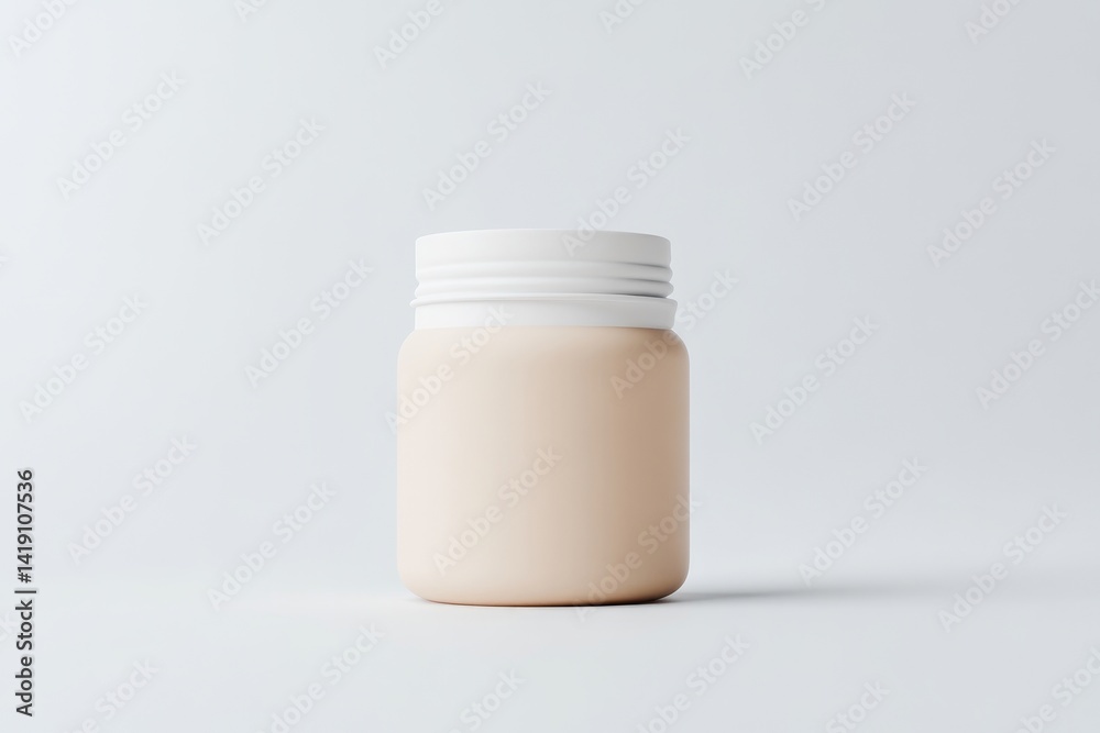 Cream-colored, rounded jar with a white lid Cream-colored, rounded jar with a white lid