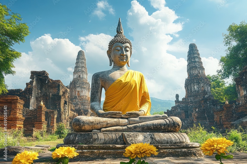 Obraz premium Ancient Buddhist Statue Draped in Yellow Fabric Among Historic Temple Ruins in Ayutthaya Under Midday Sunlight