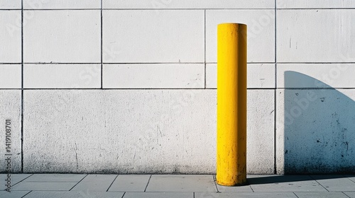 Yellow cylinder against textured white wall.