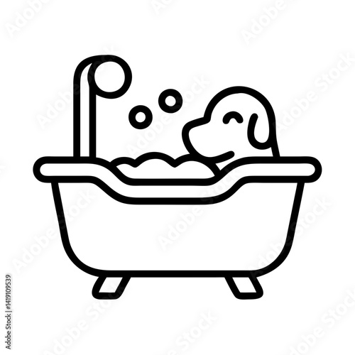 Dog bath time illustration: cute puppy bathing in tub with bubbles outline vector graphic design