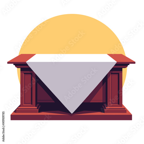 Minimalistic chapel altar illustration with white cloth, peaceful spirituality