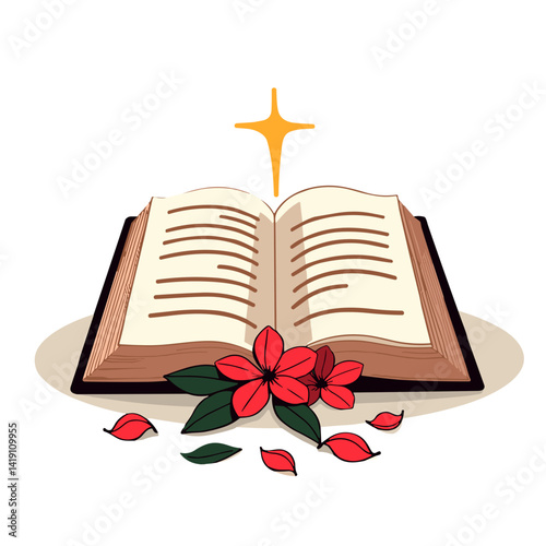 Hymn book with flower petals in pop art style, evoking spirituality