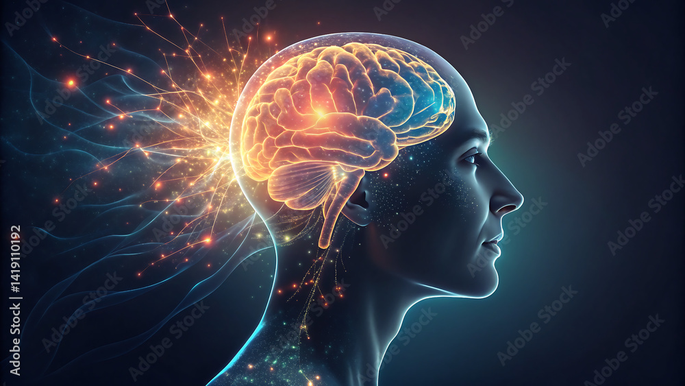 Profile view of a glowing brain with digital sparks in a human, showing intelligence, imagination, and neural activity Profile view of a glowing brain with digital sparks in a human, showing intelligence, imagination, and neural activity
