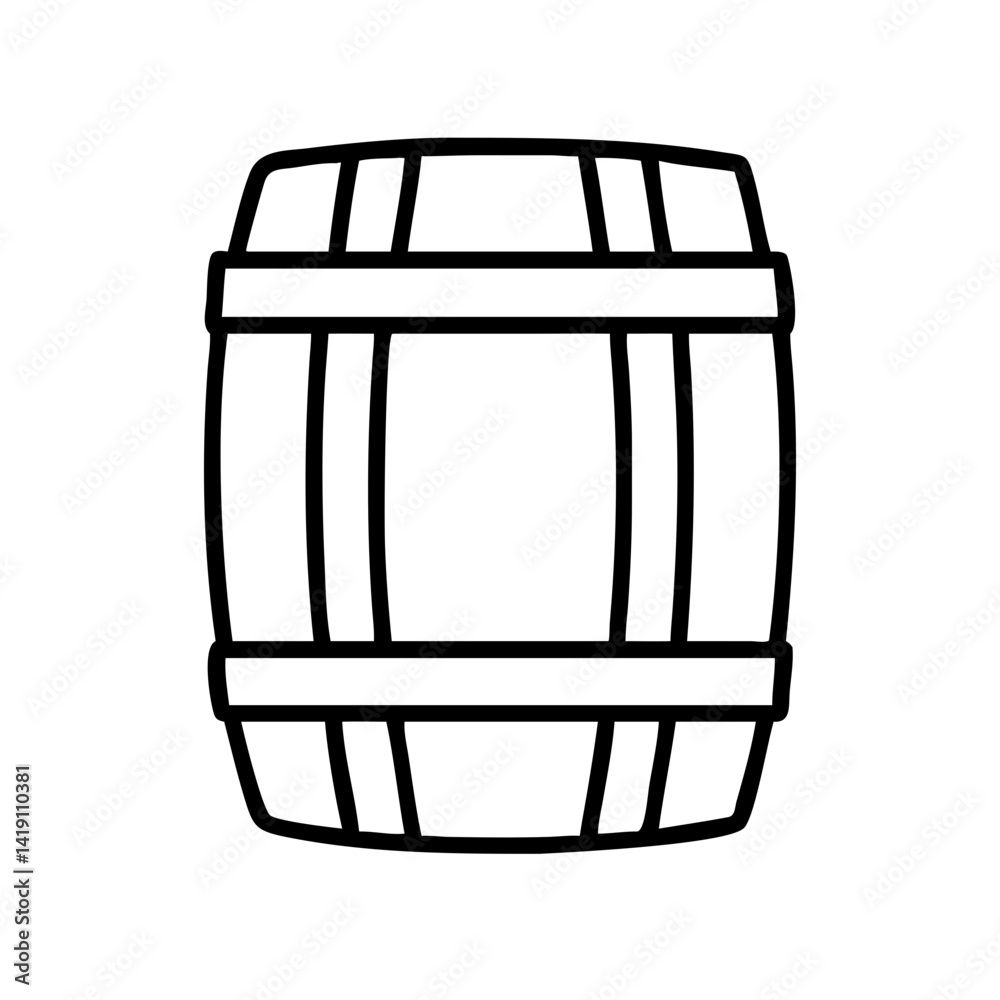 Isolated outline drawing of a wooden barrel for wine beer whiskey or rum storage and aging Isolated outline drawing of a wooden barrel for wine beer whiskey or rum storage and aging
