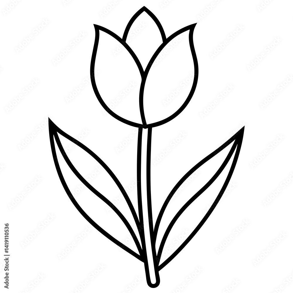 Fototapeta premium Tulip with 2 leaf line art vector illustration on white background